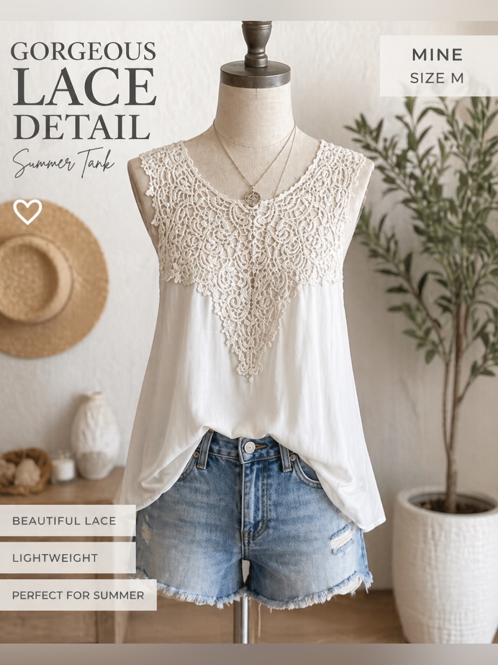 mine Lace-Trim Sleeveless Tank Top - White